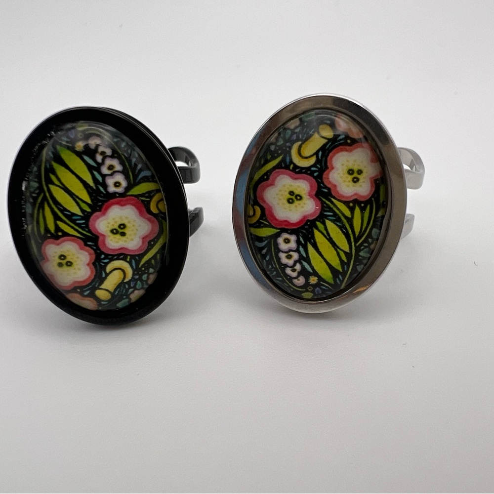 Retro Floral Oval Statement Rings - Trendy Bohemian Floral Design Rings